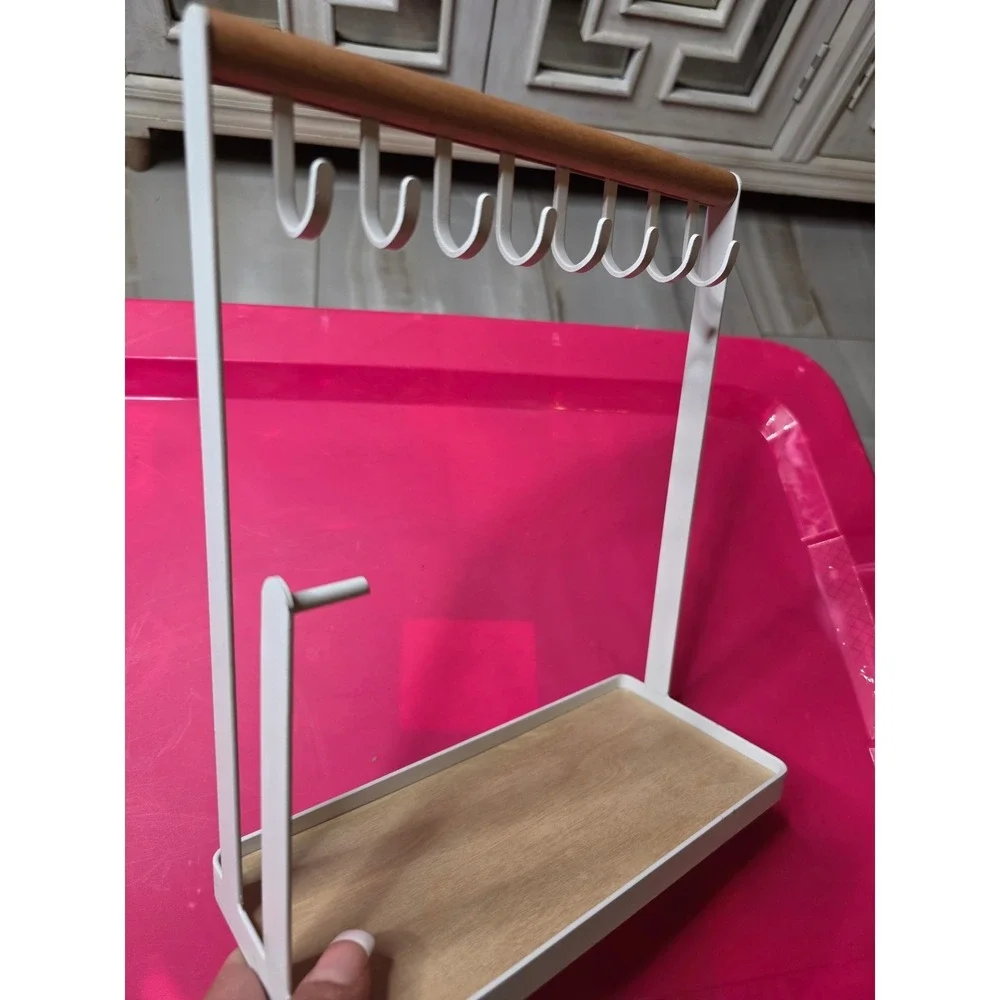 Modern White Metal and Wood Jewelry Stand Organizer‎ with 8 Hooks and Tray